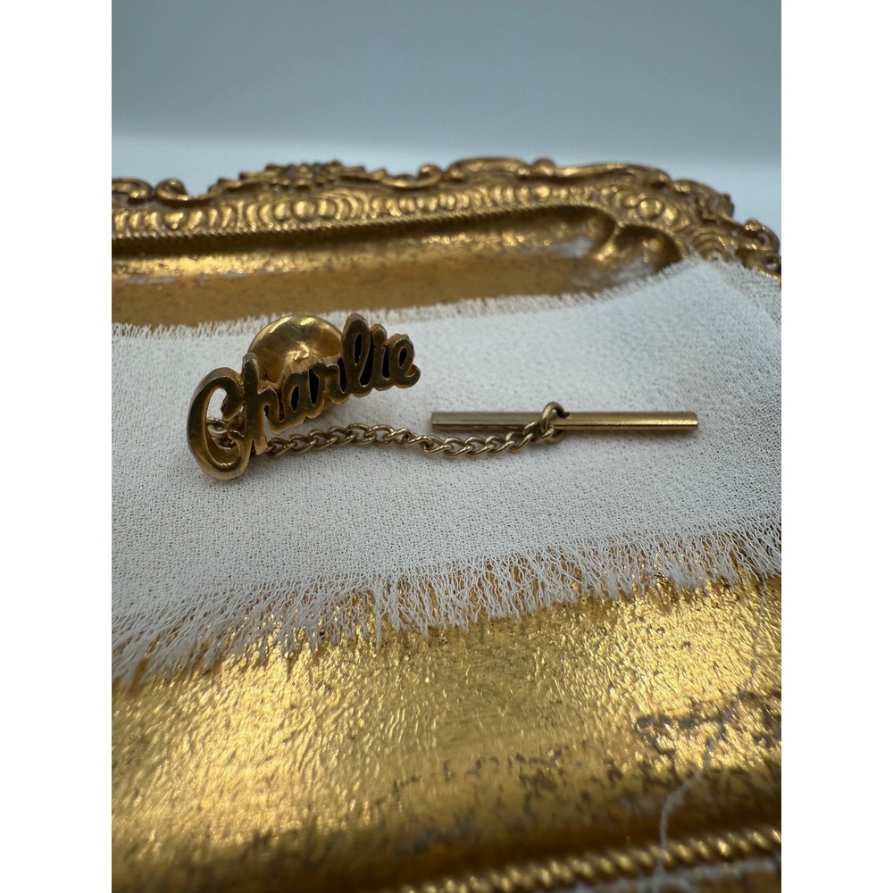 Vintage Charlie Name Tie Tack Gold Tone Script Personalized Mens Accessory
